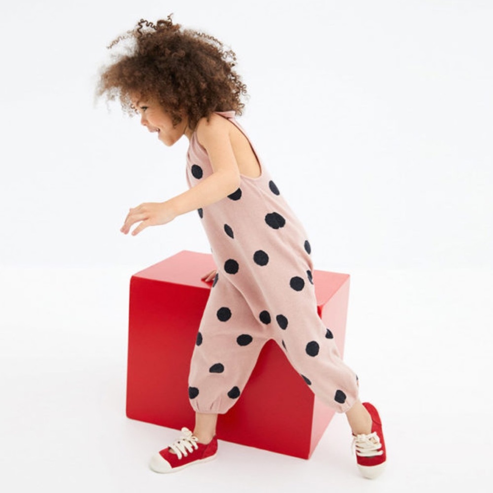 ZARA Girls Neutral Polka Dot Knit Sweater Jumpsuit Overalls